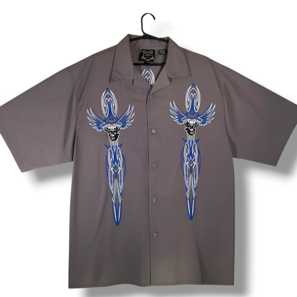 VTG Hard Chrome Gear Biker Shirt 3XL Gray V-Twin Engine Pinstripe Y2K Mens SS